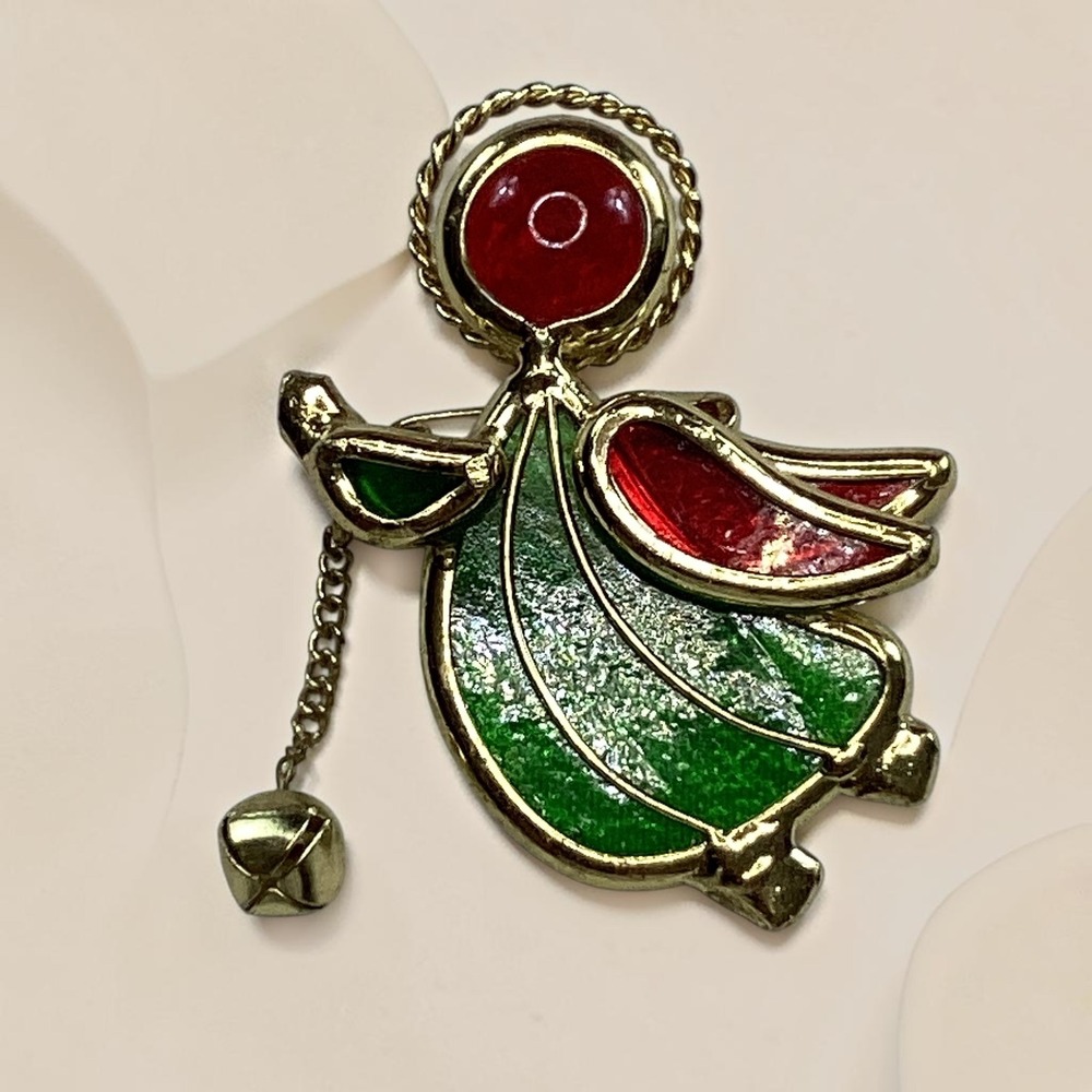 Vintage Christmas Angel Brooch Stained Glass Style Red Green Dangle Bell